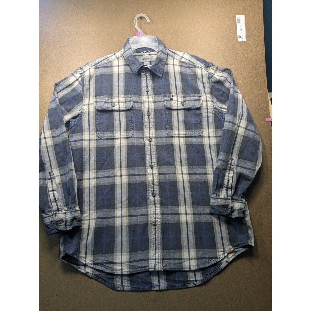 Carhartt Mens Blue Grey Plaid Flannel Shirt Original Fit L 101294 013